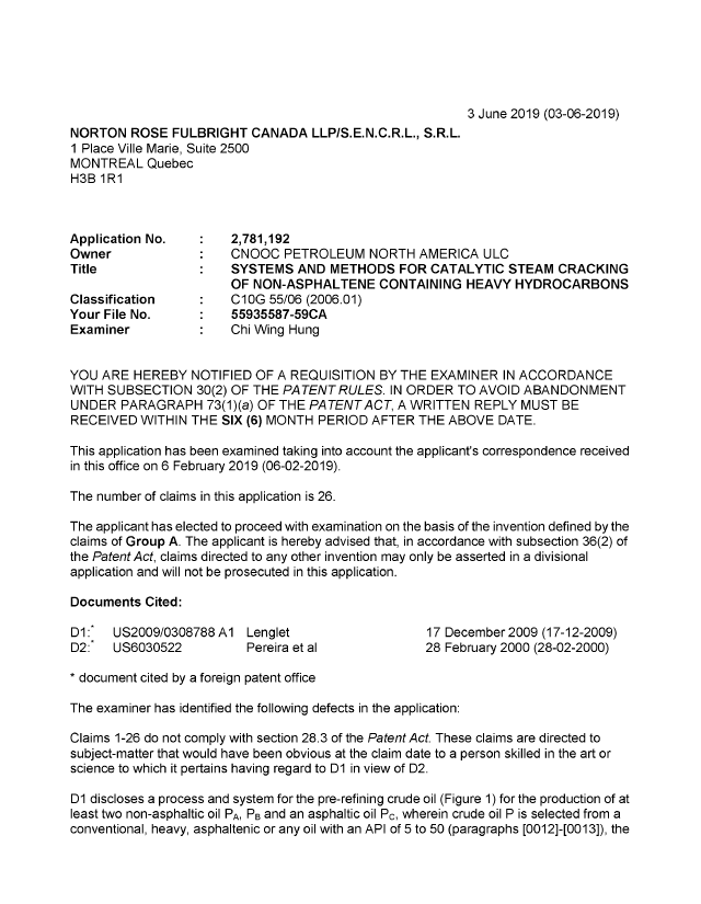 Document de brevet canadien 2781192. Demande d'examen 20190603. Image 1 de 4