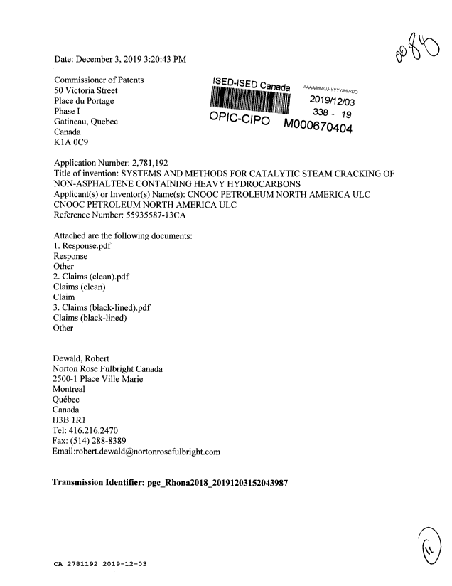 Document de brevet canadien 2781192. Modification 20191203. Image 1 de 11