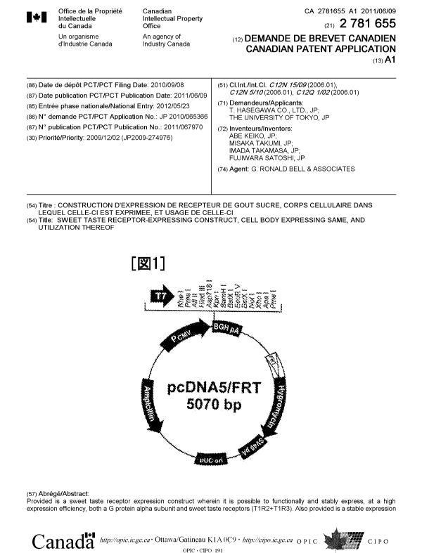 Document de brevet canadien 2781655. Page couverture 20120803. Image 1 de 2
