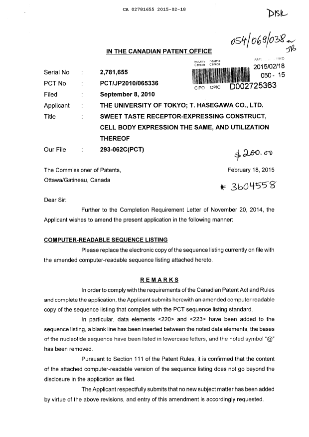 Canadian Patent Document 2781655. Prosecution-Amendment 20150218. Image 1 of 2