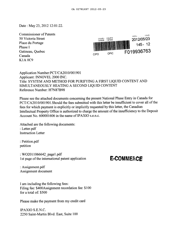 Document de brevet canadien 2781697. Cession 20120523. Image 1 de 13