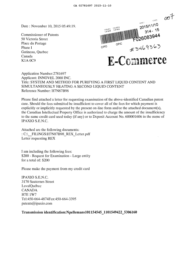 Document de brevet canadien 2781697. Requête d'examen 20151110. Image 1 de 3