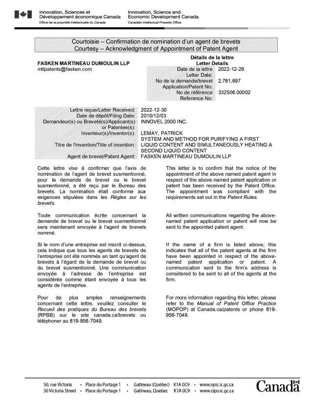 Document de brevet canadien 2781697. Lettre du bureau 20221229. Image 1 de 1