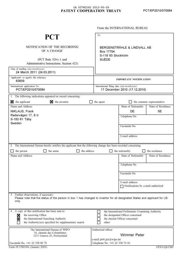 Document de brevet canadien 2782262. PCT 20120529. Image 1 de 9