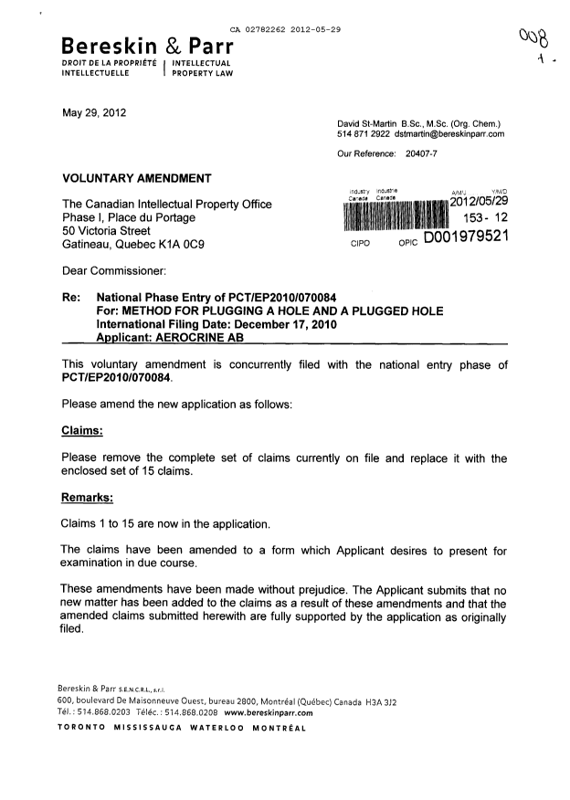Document de brevet canadien 2782262. Poursuite-Amendment 20120529. Image 1 de 4