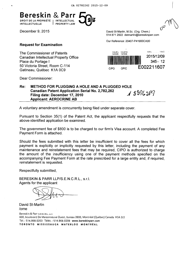 Document de brevet canadien 2782262. Requête d'examen 20151209. Image 1 de 1
