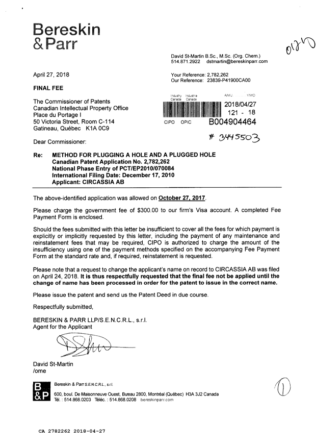 Document de brevet canadien 2782262. Taxe finale 20180427. Image 1 de 1