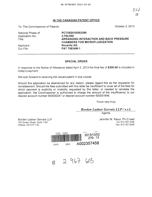 Canadian Patent Document 2782650. Correspondence 20121202. Image 1 of 1