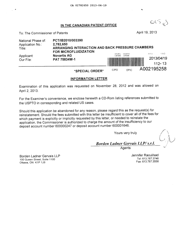 Canadian Patent Document 2782650. Prosecution-Amendment 20121219. Image 1 of 1