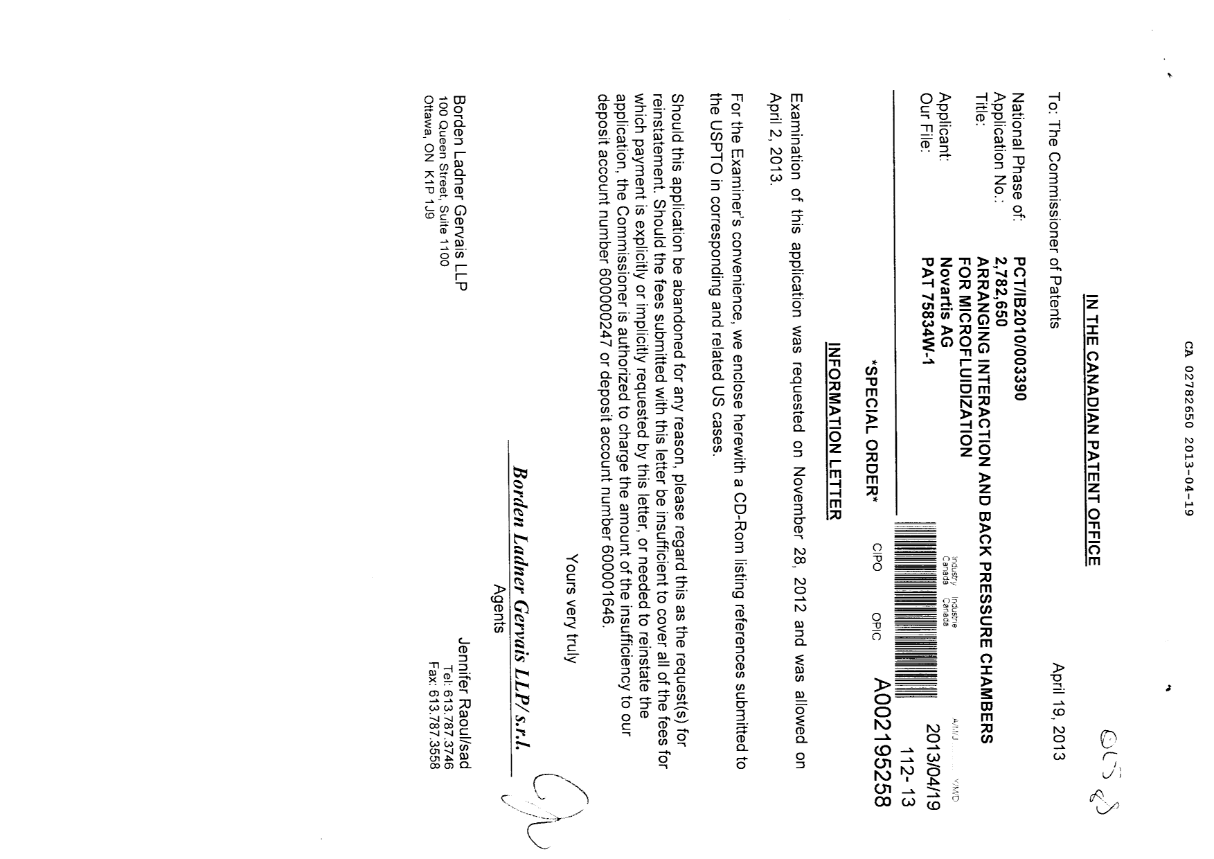Canadian Patent Document 2782650. Prosecution-Amendment 20121219. Image 1 of 1