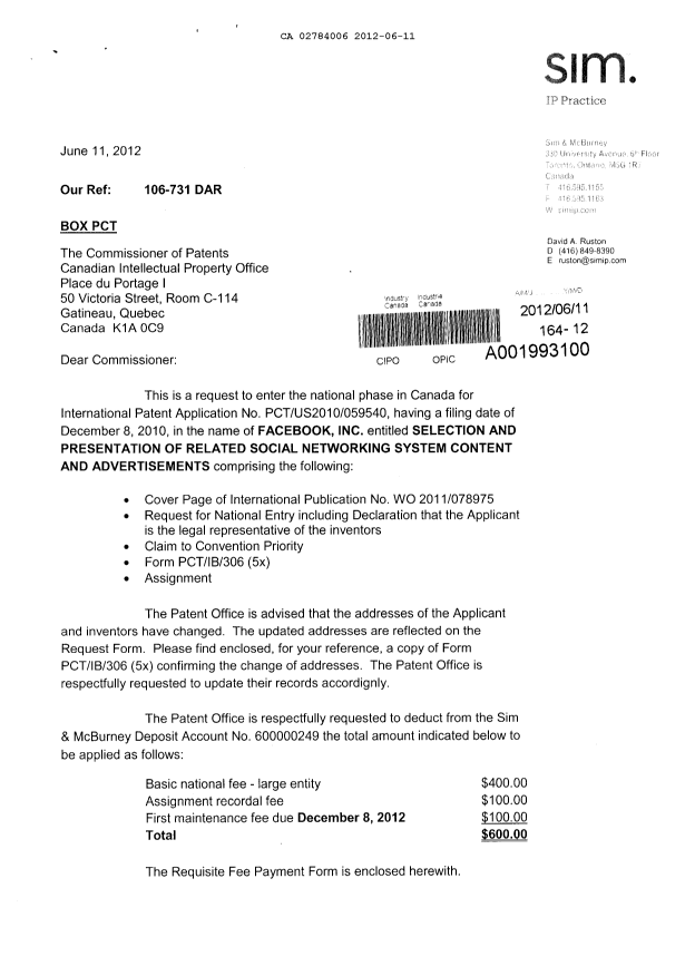 Document de brevet canadien 2784006. Cession 20120611. Image 1 de 8