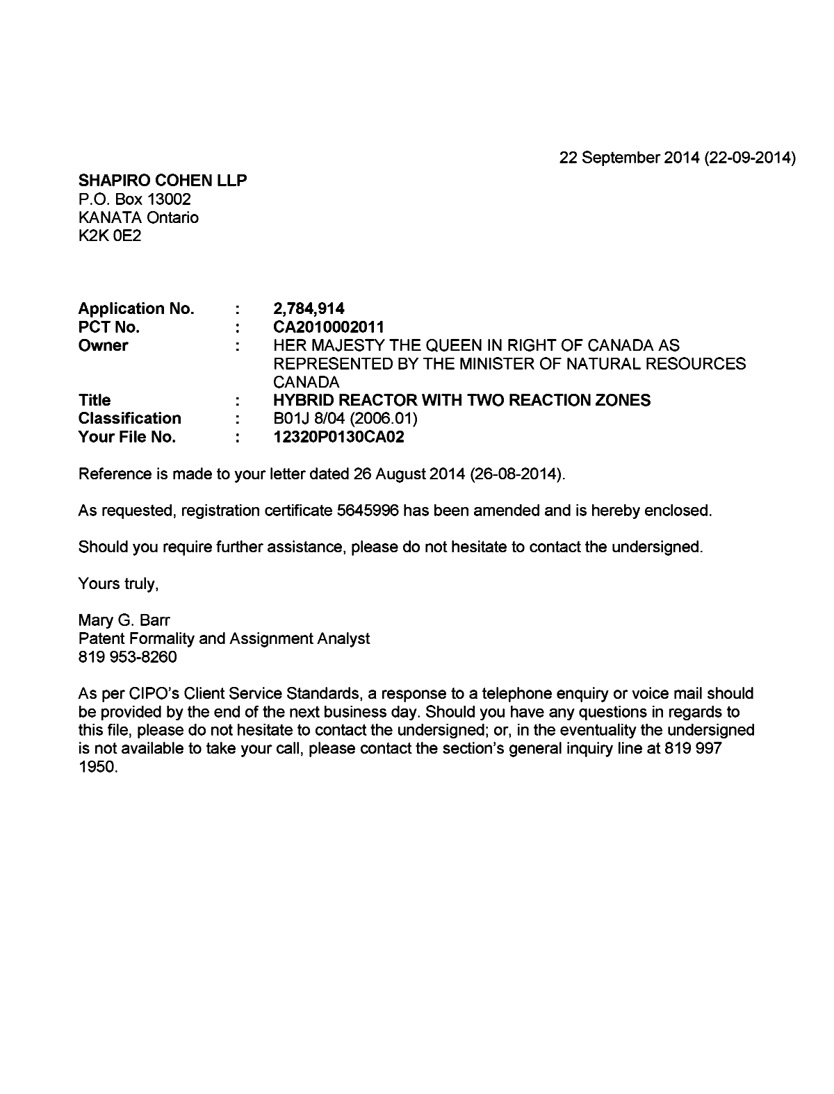 Document de brevet canadien 2784914. Correspondance 20140922. Image 1 de 1
