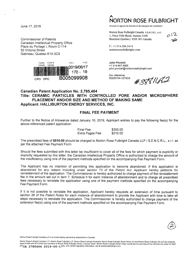 Document de brevet canadien 2785464. Taxe finale 20190617. Image 1 de 2