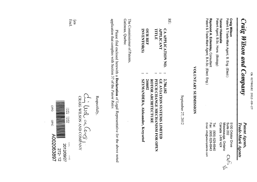 Canadian Patent Document 2786182. Correspondence 20120927. Image 1 of 2