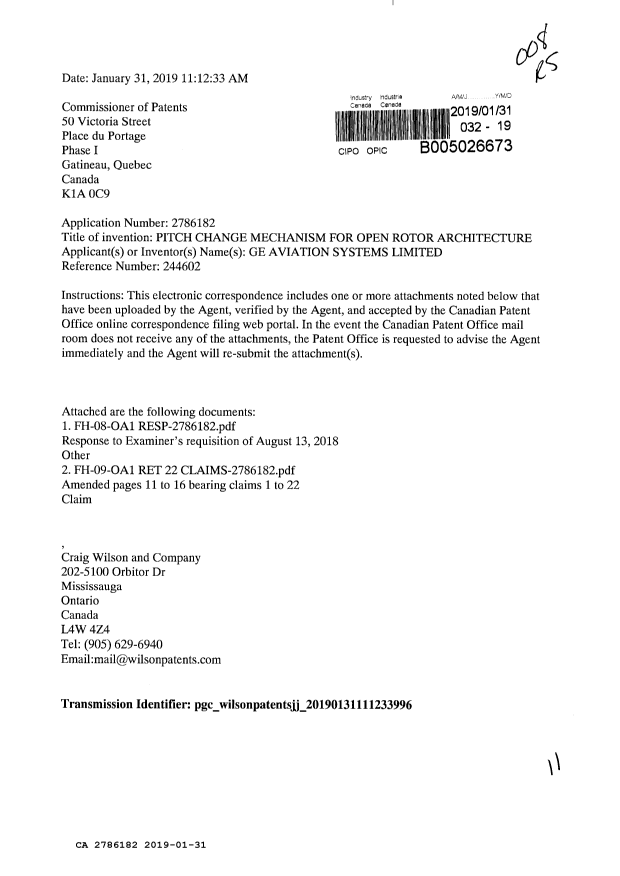 Document de brevet canadien 2786182. Modification 20190131. Image 1 de 11