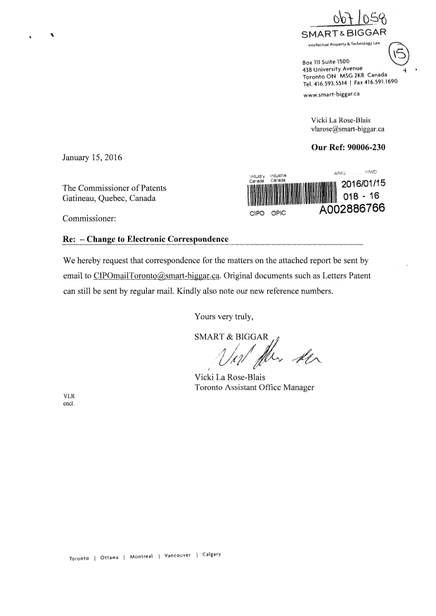 Canadian Patent Document 2786210. Correspondence 20160115. Image 1 of 2
