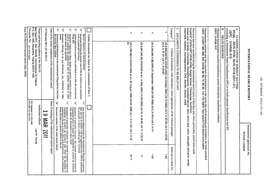 Canadian Patent Document 2786605. PCT 20120706. Image 1 of 7