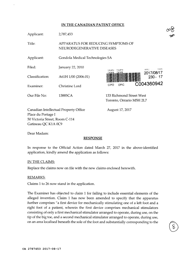 Document de brevet canadien 2787453. Modification 20170817. Image 1 de 8