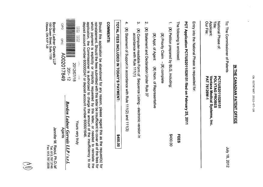 Document de brevet canadien 2787487. Cession 20120718. Image 1 de 5