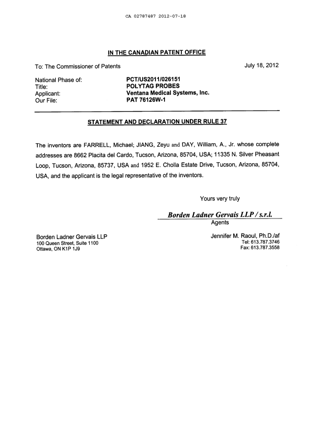 Document de brevet canadien 2787487. Cession 20120718. Image 5 de 5