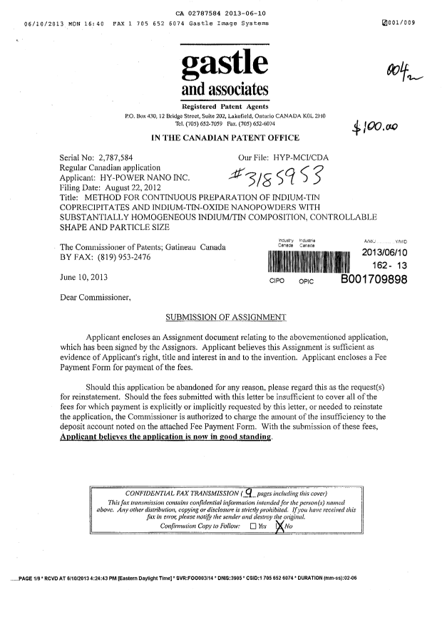Document de brevet canadien 2787584. Cession 20130610. Image 1 de 8