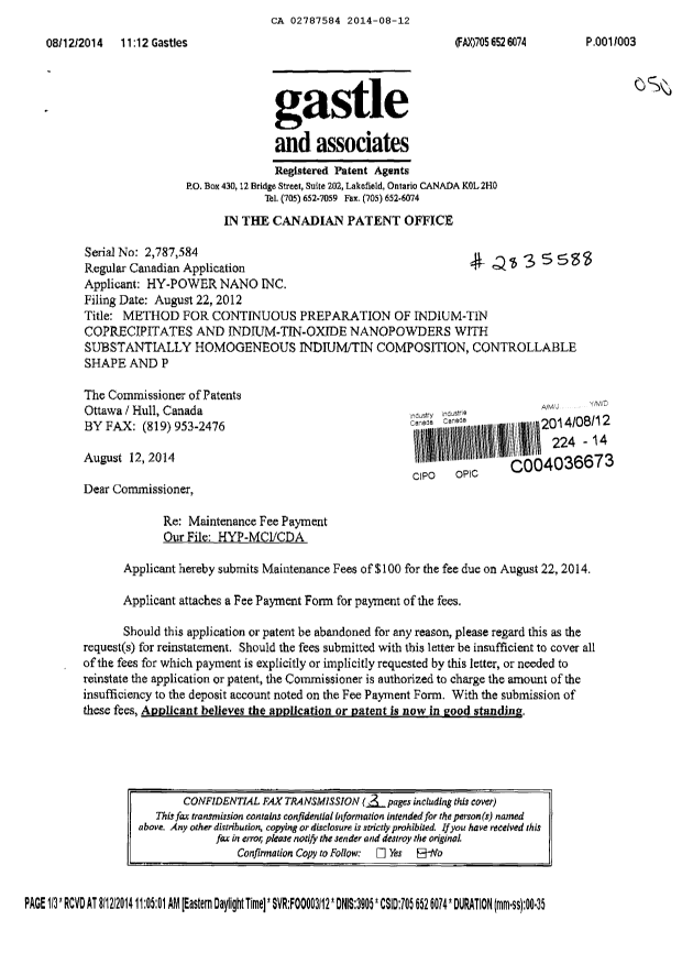 Document de brevet canadien 2787584. Taxes 20140812. Image 1 de 2