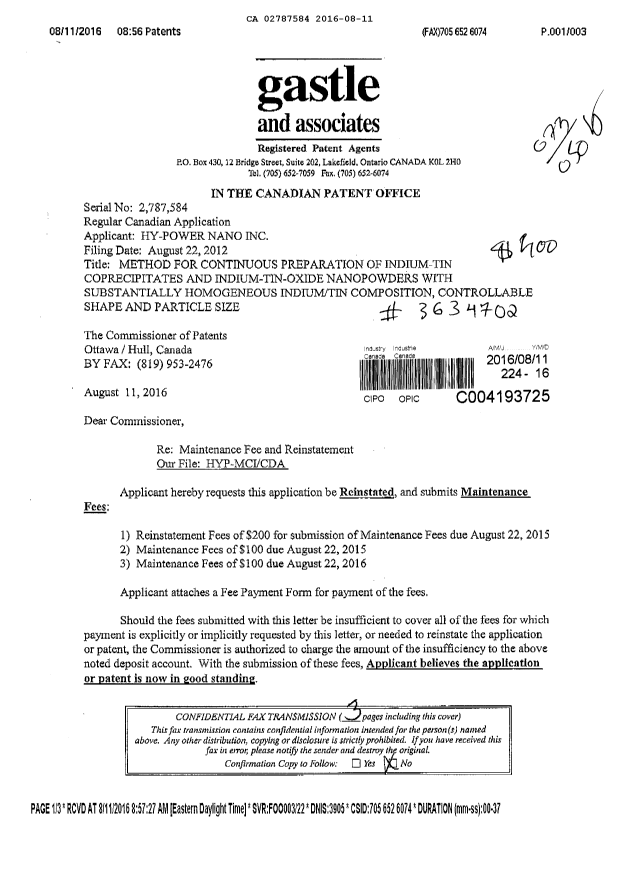 Document de brevet canadien 2787584. Paiement de taxe périodique 20160811. Image 1 de 2