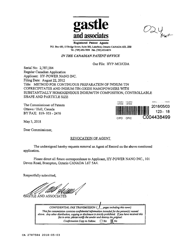 Document de brevet canadien 2787584. Changement de nomination d'agent 20180503. Image 1 de 1