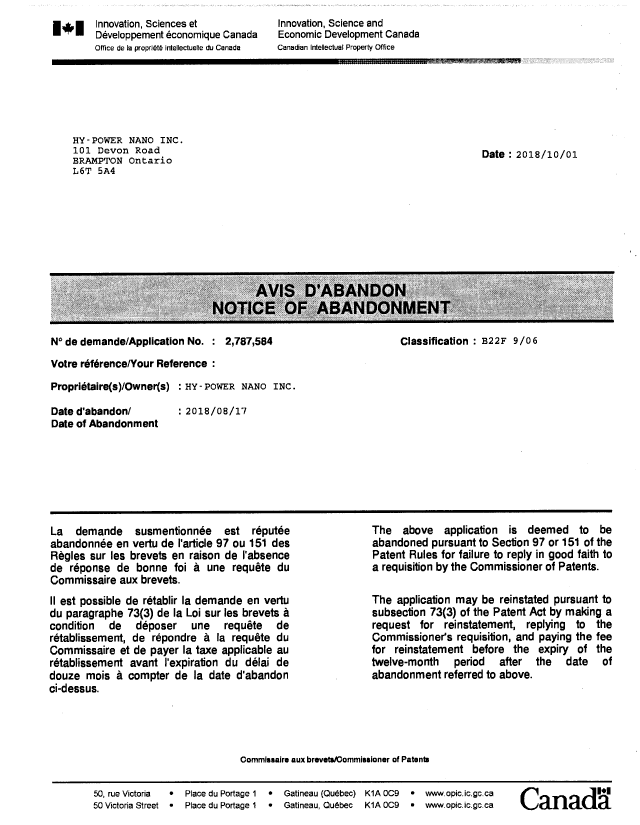 Document de brevet canadien 2787584. Courrier retourné 20181009. Image 1 de 2