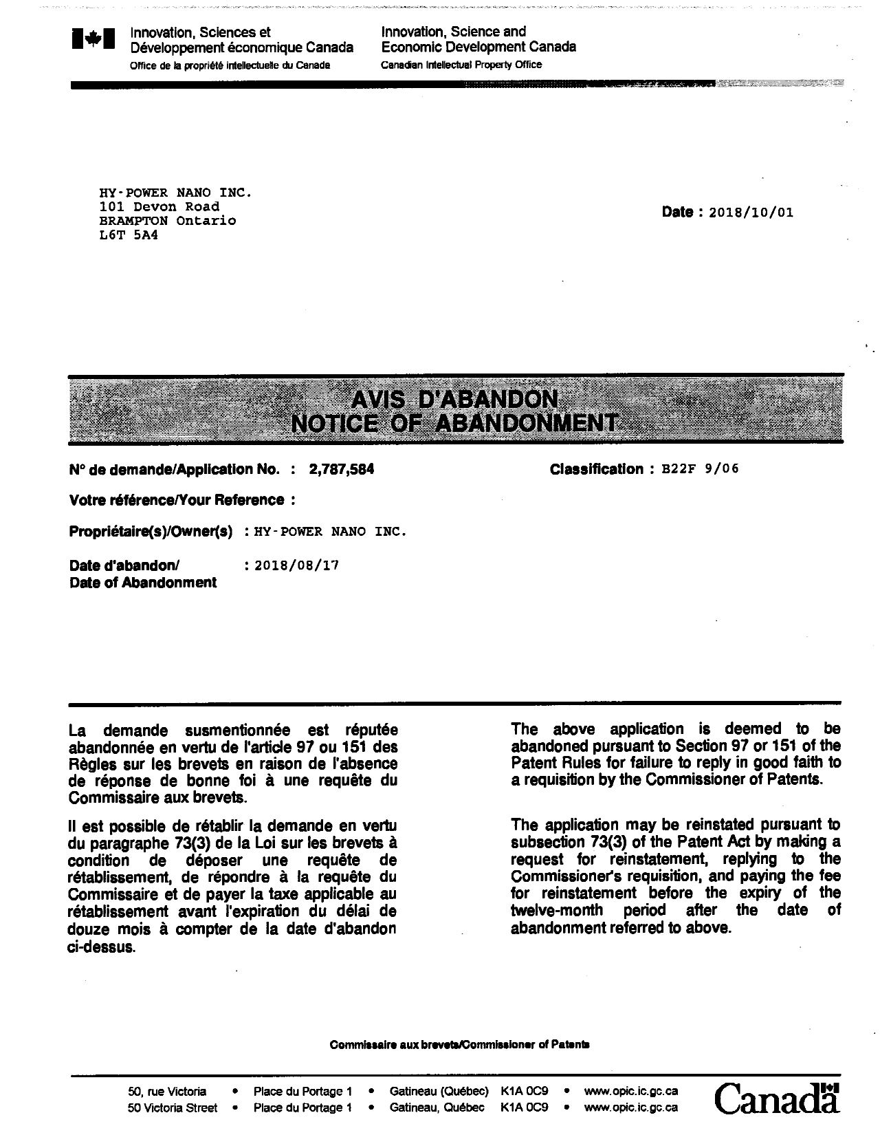 Canadian Patent Document 2787584. Returned mail 20181009. Image 1 of 2