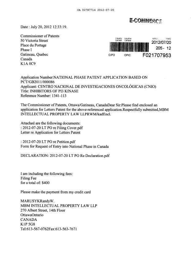 Document de brevet canadien 2787714. Cession 20120720. Image 1 de 10