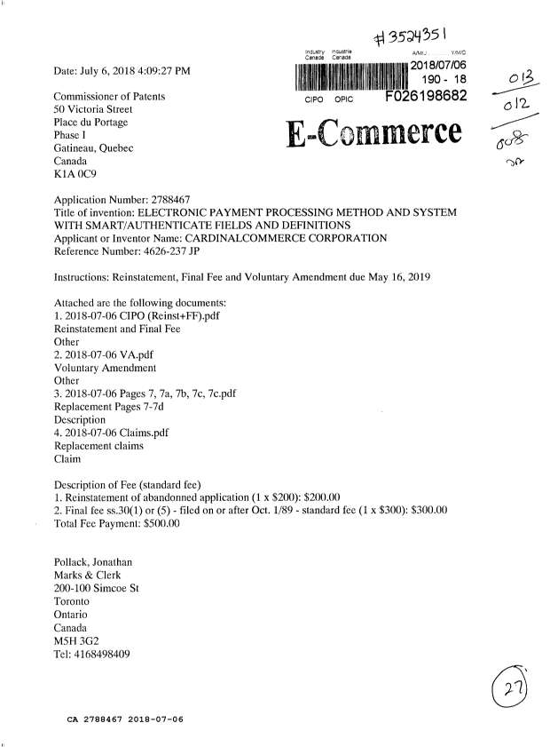 Canadian Patent Document 2788467. Amendment 20180706. Image 1 of 27