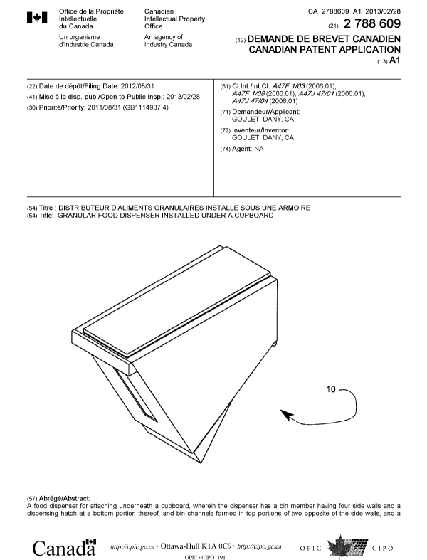 Document de brevet canadien 2788609. Page couverture 20121218. Image 1 de 2