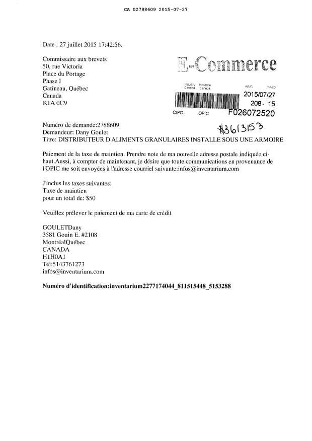 Canadian Patent Document 2788609. Maintenance Fee Payment 20150727. Image 1 of 1