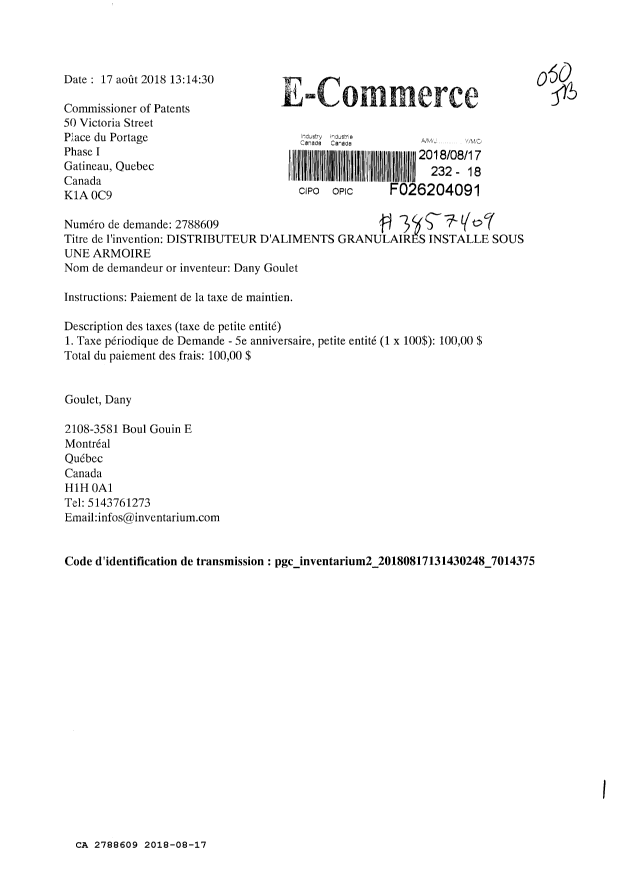 Document de brevet canadien 2788609. Taxes 20171217. Image 1 de 1