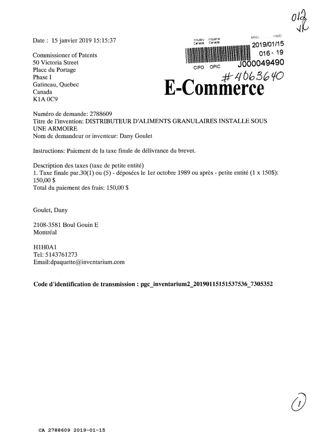 Canadian Patent Document 2788609. Final Fee 20190115. Image 1 of 1