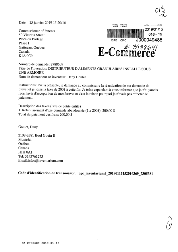 Canadian Patent Document 2788609. Reinstatement 20190115. Image 1 of 1