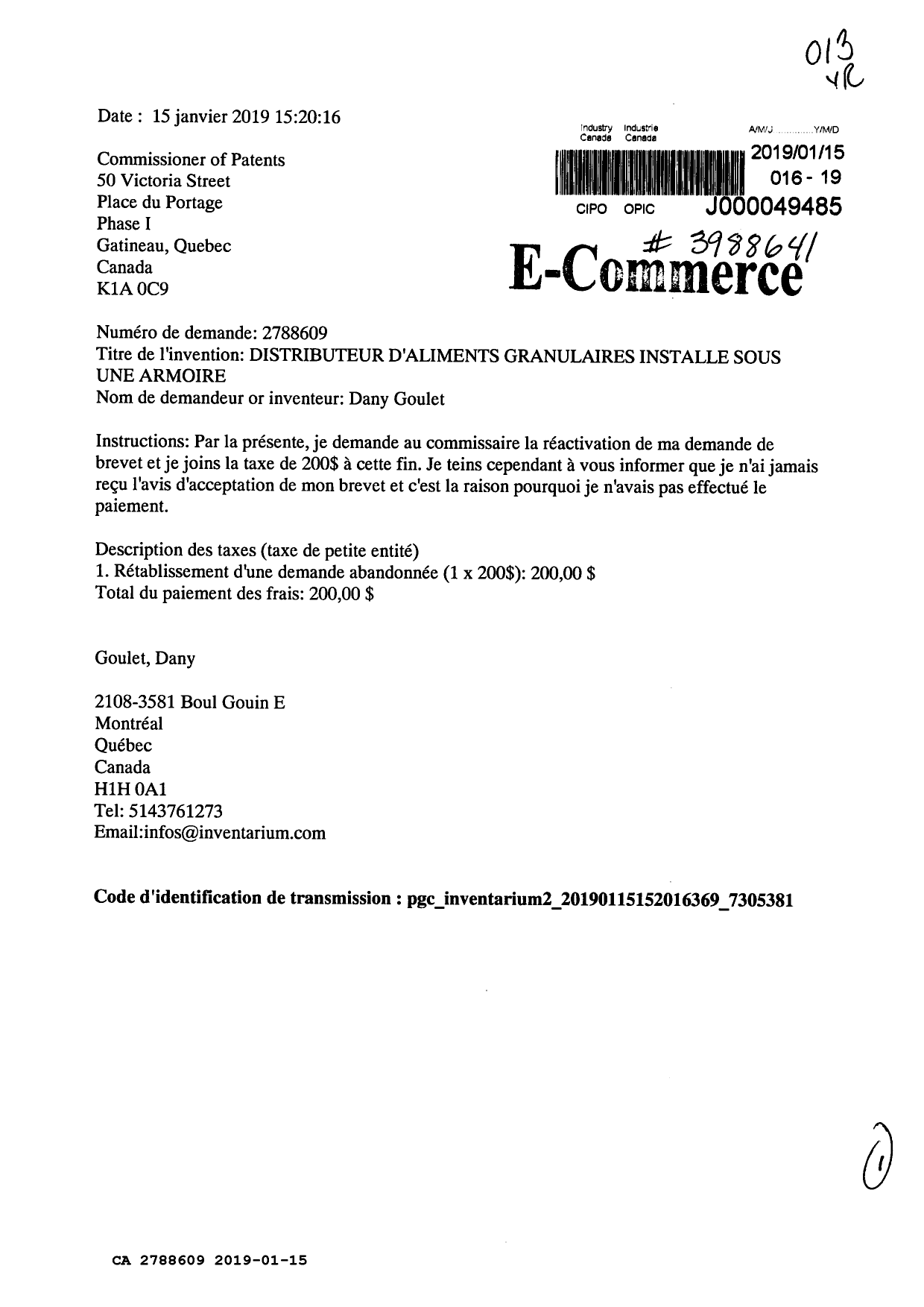 Canadian Patent Document 2788609. Reinstatement 20190115. Image 1 of 1