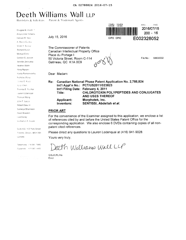 Document de brevet canadien 2788824. Correspondance de la poursuite 20160715. Image 1 de 1