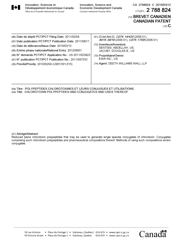 Document de brevet canadien 2788824. Page couverture 20190208. Image 1 de 1