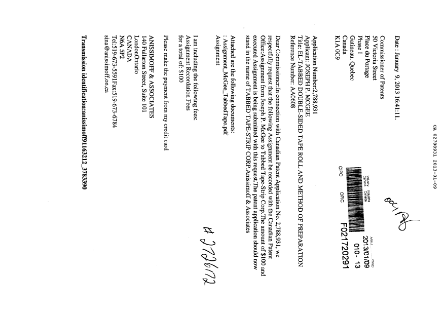 Canadian Patent Document 2788931. Assignment 20130109. Image 1 of 4