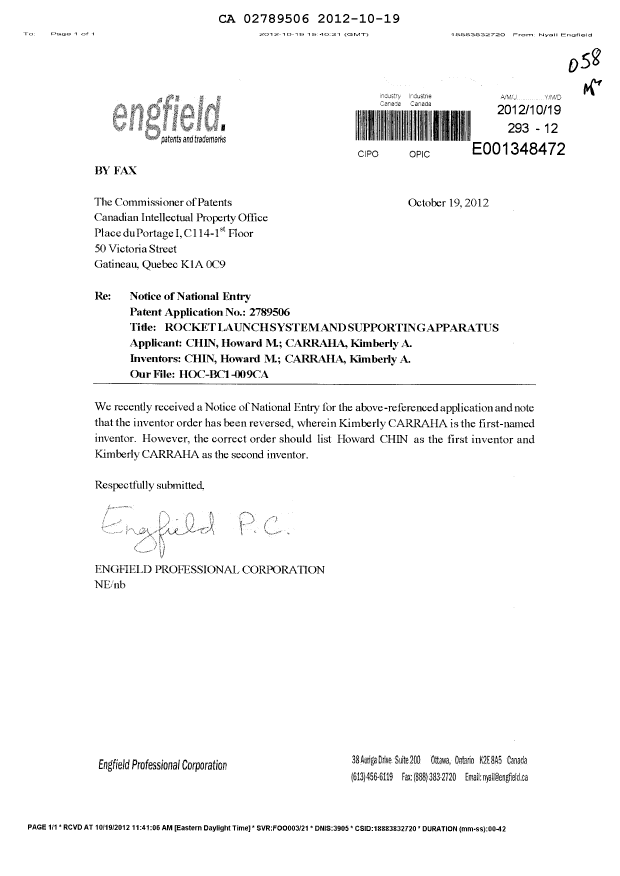 Document de brevet canadien 2789506. Correspondance 20121019. Image 1 de 1