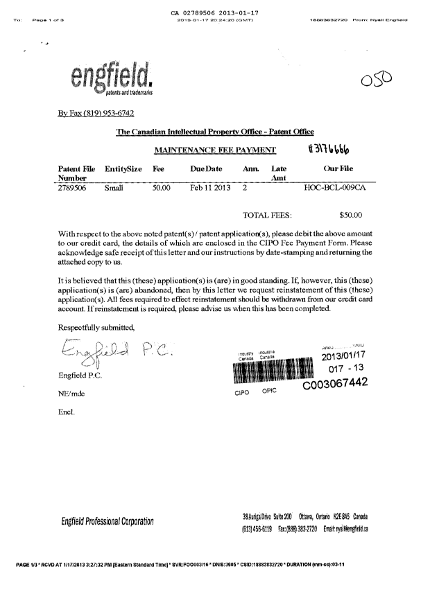 Document de brevet canadien 2789506. Taxes 20130117. Image 1 de 1