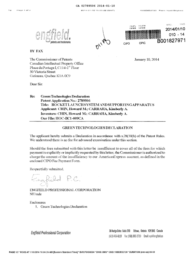 Document de brevet canadien 2789506. Poursuite-Amendment 20140110. Image 1 de 2