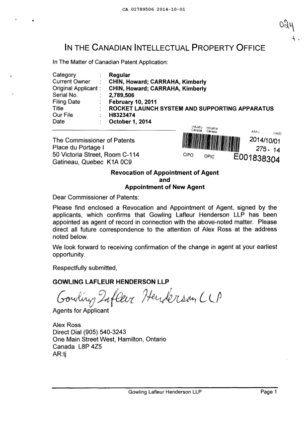 Document de brevet canadien 2789506. Correspondance 20141001. Image 1 de 2