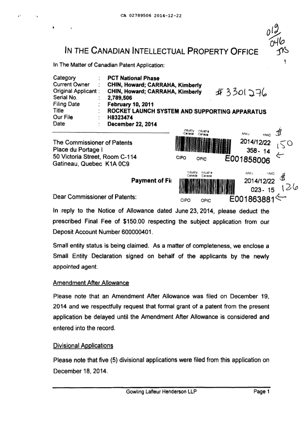 Document de brevet canadien 2789506. Correspondance 20141222. Image 1 de 3