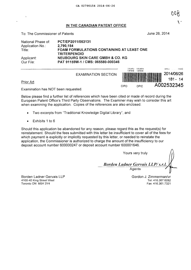 Canadian Patent Document 2790154. Prosecution-Amendment 20140626. Image 1 of 4