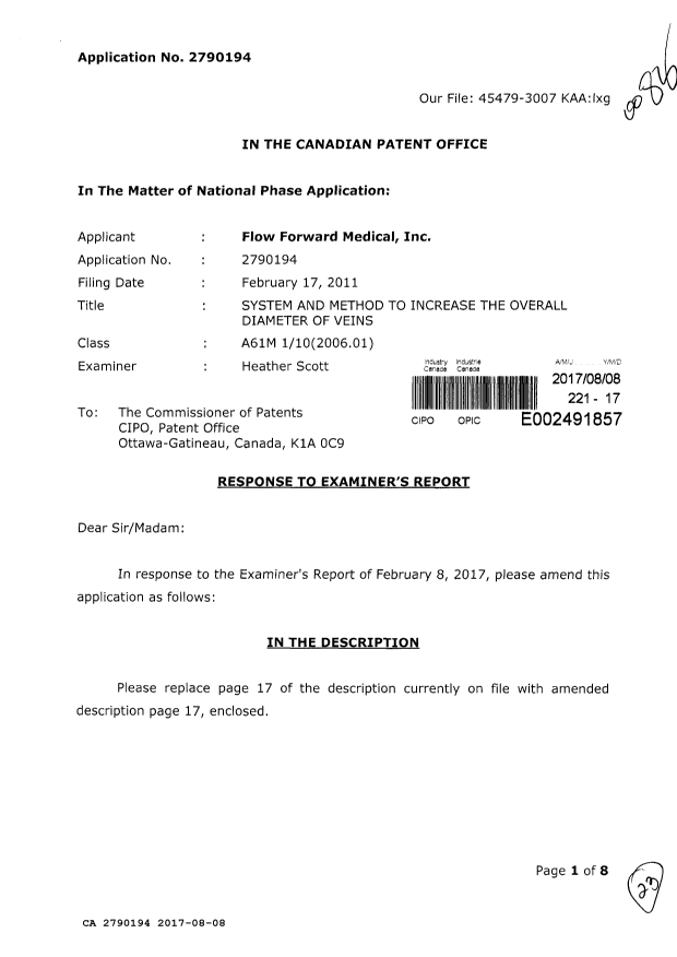 Canadian Patent Document 2790194. Amendment 20170808. Image 1 of 23