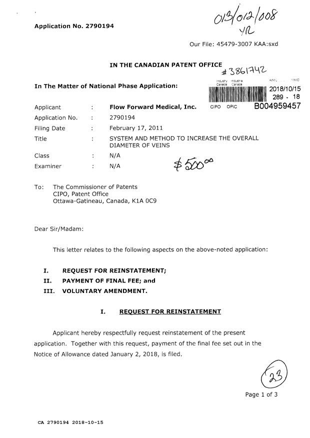 Canadian Patent Document 2790194. Final Fee 20181015. Image 1 of 3