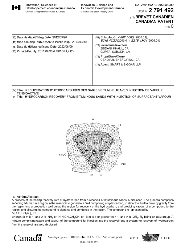 Canadian Patent Document 2791492. Cover Page 20220718. Image 1 of 1